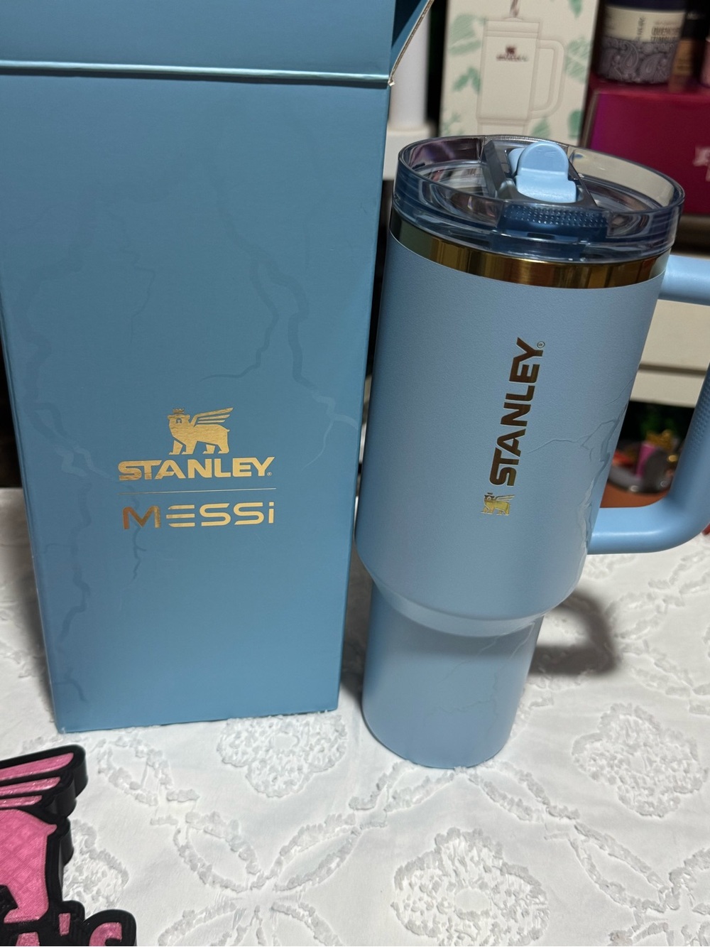 Stanley Light Blue Insulated Travel Mug with Gold Accents and Handle